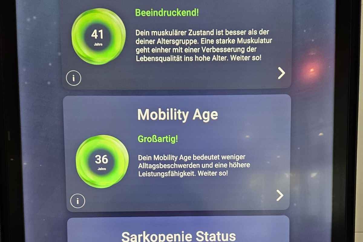 Nahaufnahme der milon-Auswertung mit Muscle Age und Mobility Age