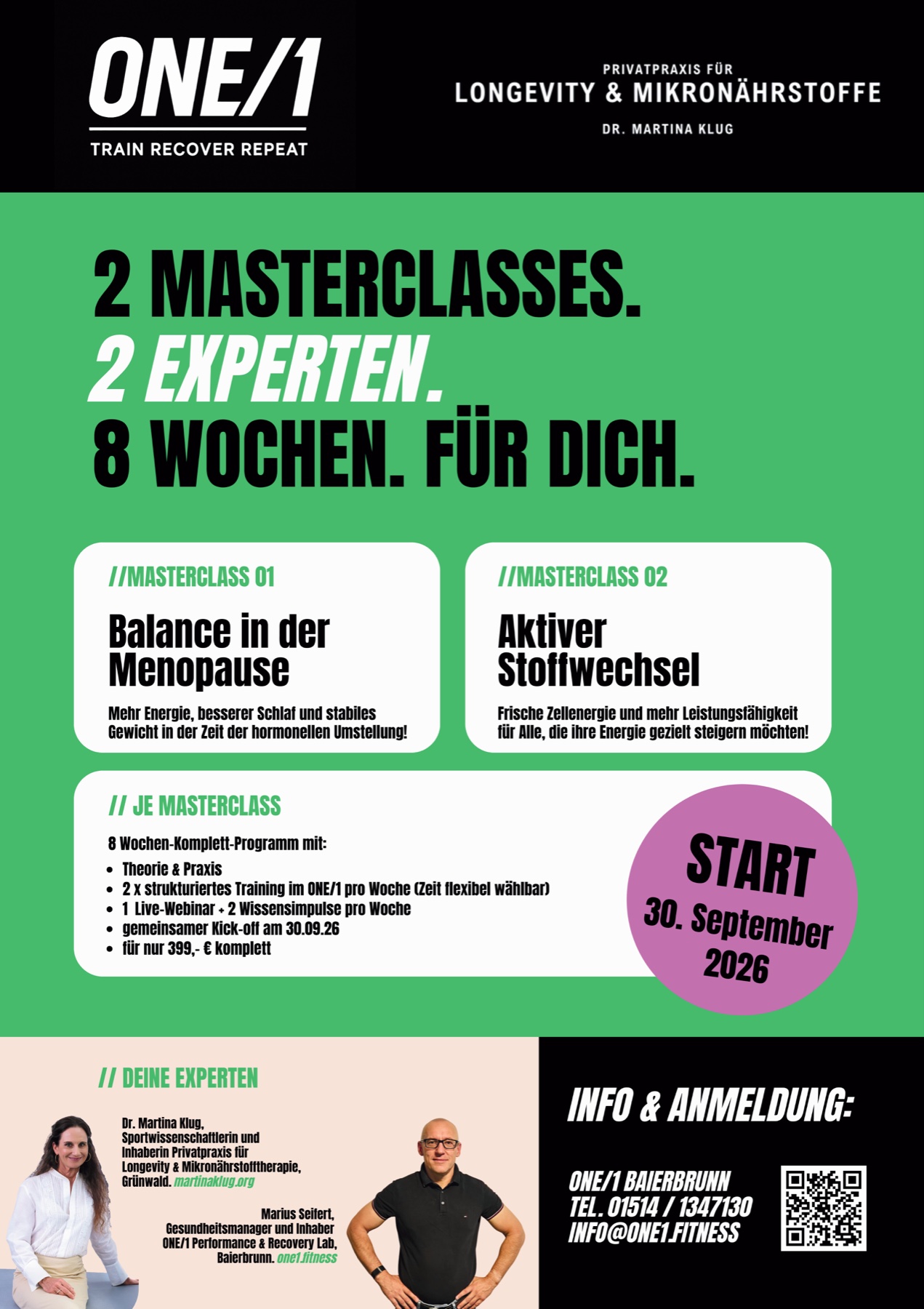 Plakat: Zwei Masterclasses zu Menopause und aktivem Stoffwechsel, Start 30. September 2026